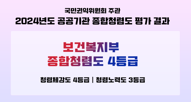 국민권익위원회 주관2024년도 공공기관 종합청렴도 평가 결과보건복지부 종합청렴도 4등급청렴체감도 4등급┃청렴노력도 3등급