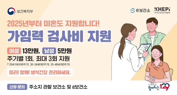 보건복지부 e 보건소  한국건강증진개발원2025년부터 미온도 지원합니다.가임력 검사비 지원 여성 13만원, 남성 5만원주기별 1회 최대 3회 지원29세 이하(제1주기), 30~34(제2주기), 25~49세(제3주기)미리 함께 생식건강 관리하세요신청 문의 주소지 관할 보건소 및 e보건소