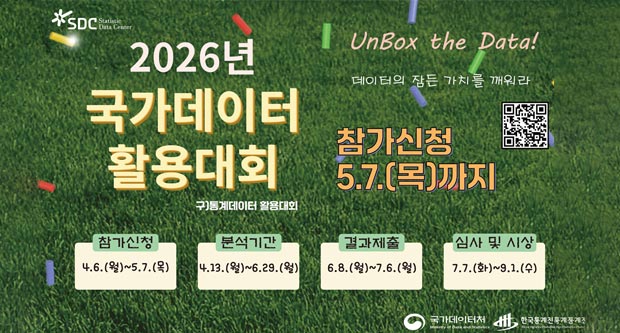 2026년 국가데이터 활용대회참가신청 5.7목까지참가신청 4.6(월)~5.7(목)분석기간4.13(월)~6.29(월)결과제출:6.8(월)~7.6(월)심사및시상 : 7.7(화)~9.1(수)